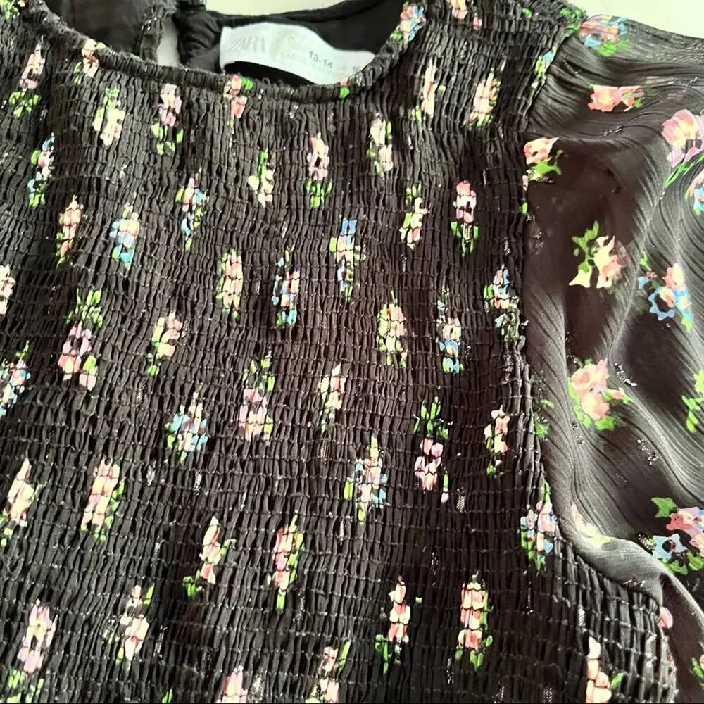 Zara Girls Smocked Black Floral Tulle Dress - Size 11/12